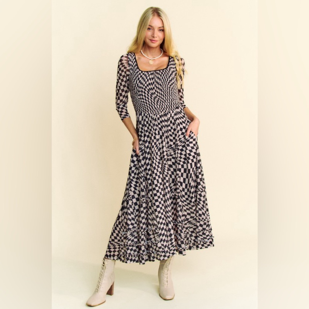 🟠258B. Printed Checkered Mesh Flowy Maxi Dress